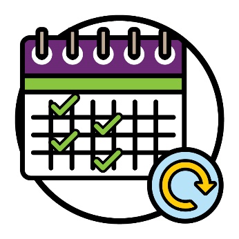 A calendar with consistent days marked each week. Next to the calendar is an update icon.