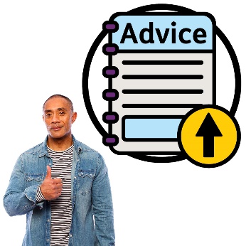 A person giving a thumbs up next to an 'Advice' booklet with an arrow pointing up.