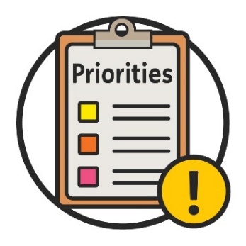 A 'Priorities' document with a list of 3 items on it. Next to the document is an importance icon.