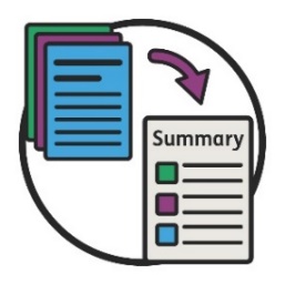 An arrow pointing from a long document to a short Easy Read 'Summary' document.