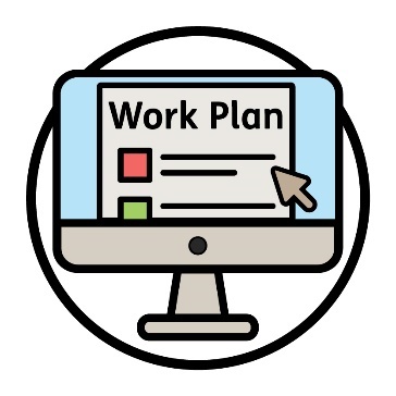 A computer with a 'Work Plan' document open on the screen.