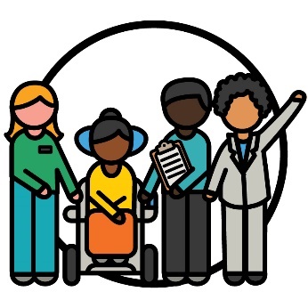 A group of members, including a person with disability using a mobility aid, a carer and a provider supporting them, and an expert on the side with their hand raised.