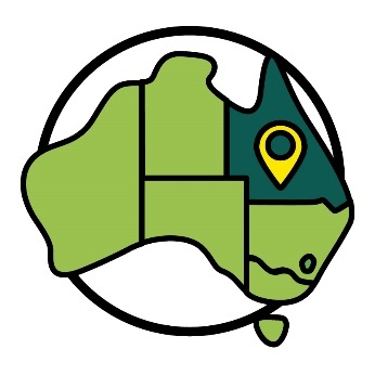 A map of Australia with the states and territories shown. Queensland is highlighted and has a location marker on it.