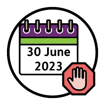 A calendar that reads '30 June 2023' with a stop icon next to it.