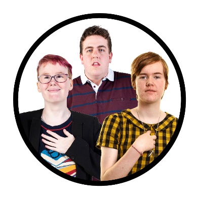 3 young people pointing at themselves. 2 of them are also raising their other hands.