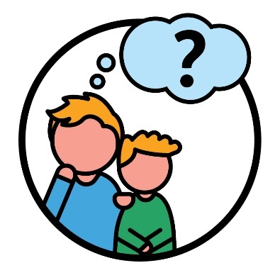 A parent supporting their child next to a thought bubble with a question mark inside of it.
