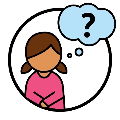 A child next to a thought bubble with a question mark inside of it.