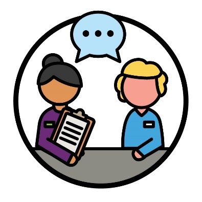 A Reference Group member meeting with an NDIA worker. Above them is a speech bubble.