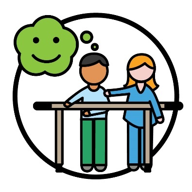 Someone supporting a participant to move their body. There is a thought bubble next to them with a smiling face inside of it.