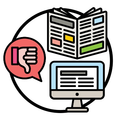 A thumbs down inside a speech bubble next to icons of a newspaper and an article on a computer.