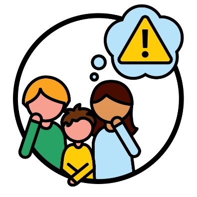 2 parents who look worried next to their child. There is a thought bubble above them with a problem icon inside of it.