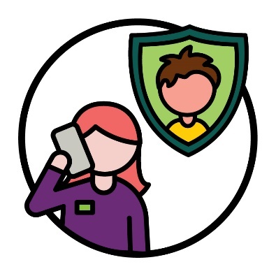 An NDIA planner on the phone next to a child protection icon.