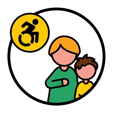 A parent pointing to themself next to their child. There is a disability icon next to them.