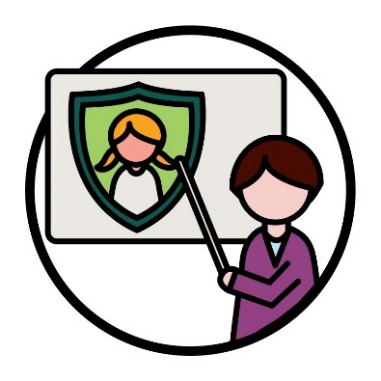 A trainer pointing to a board with a child protection icon on it.