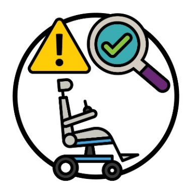 A wheelchair below a problem icon and a magnifying glass showing a tick.