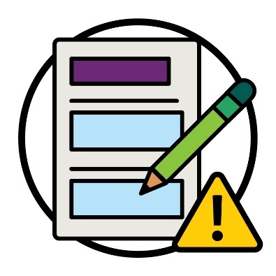 A pen writing on a form. There is a problem icon next to it.