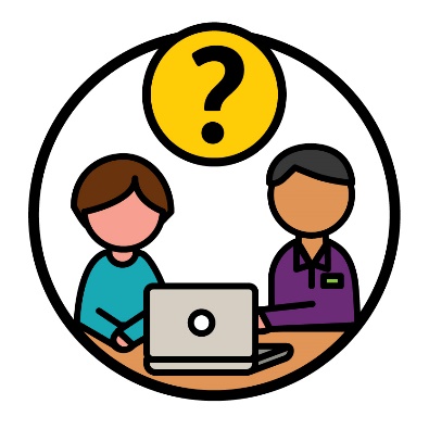 An NDIA worker sitting with a participant. There is a question mark above them.