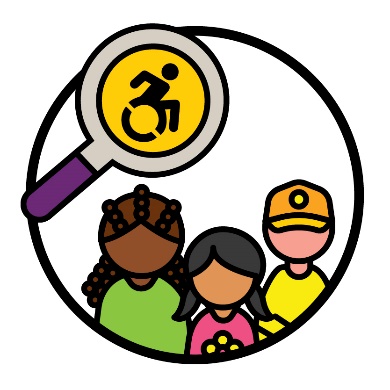 3 children below a magnifying glass showing a disability icon.