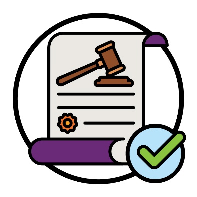 A law document that shows a gavel. Next to the document is a tick.