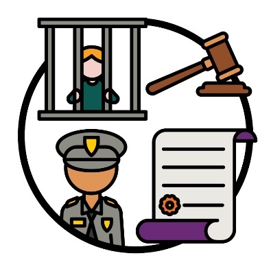 4 icons. A person in jail, a gavel, a police officer and a legal document.