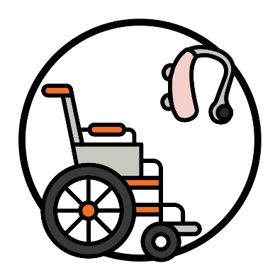 A wheelchair and a hearing aid.