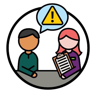 An IAC Member and an NDIA worker having a conversation beneath a problem icon inside of a speech bubble. The problem icon is an exclamation point inside of a triangle.