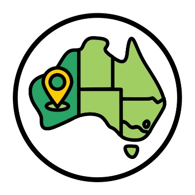 A map of Australia with a location marker on Western Australia.