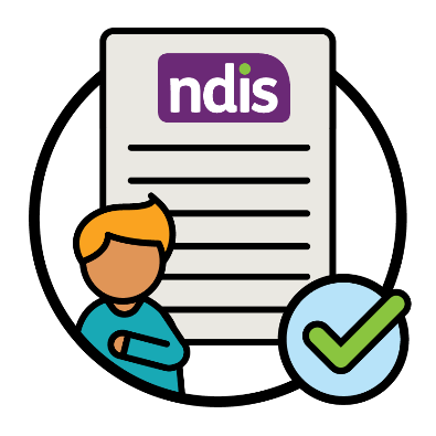 An NDIS document next to a person pointing to themself and a tick.