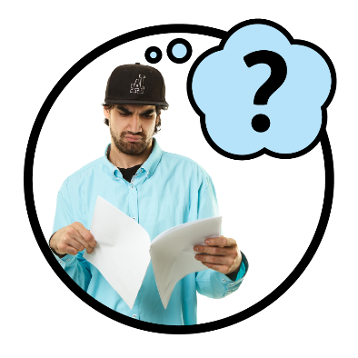 A person reading a document next to a thought bubble with a question mark inside of it.