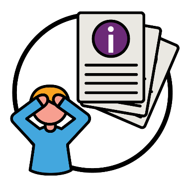 A person holding their head and looking stressed. There is a stack of documents next to them with an information icon on them.