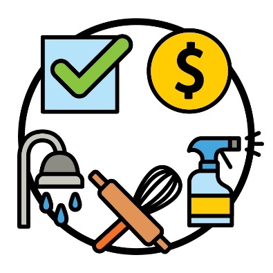 A ticked check box and dollar sign next to a shower head, cooking tools and cleaning bottle.