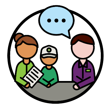 A parent and their child meeting with an NDIA worker. There is a speech bubble above the NDIA worker.