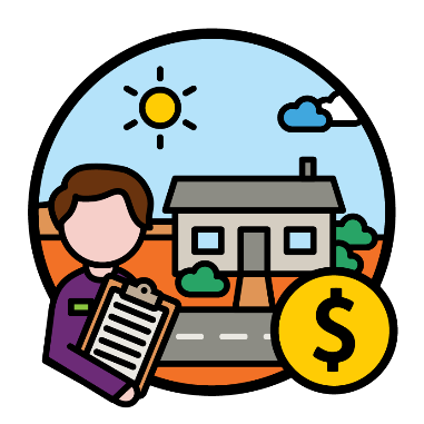 An NDIS worker in front of a house far away from cities or towns. There is a dollar sign next to them.