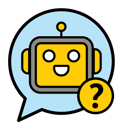 A robot face inside of a speech bubble. There is a question mark next to it.