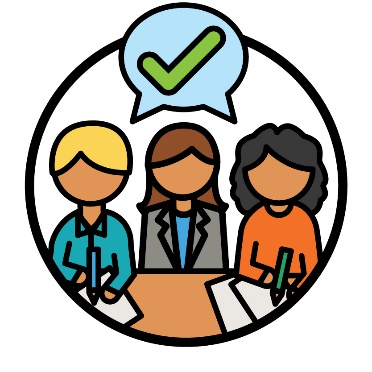 A group of 3 people working together. There is a speech bubble showing a tick above them.