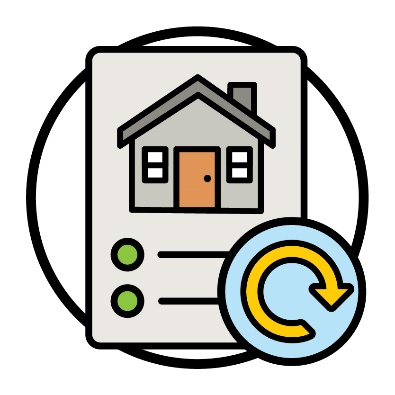 An icon of a house on a document and an update icon. The update icon is an arrow curving into a circular shape.