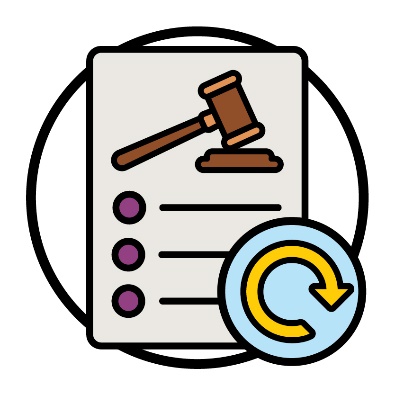 An icon of a gavel on a document and an update icon.