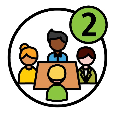 A group of people meeting around a table. There is a number '2' next to them.