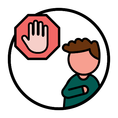 A child pointing to themself next to a stop icon.