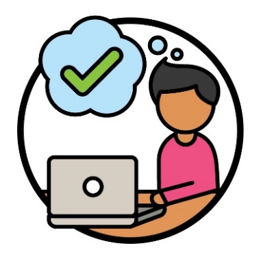 A person using their laptop at a desk. Above them is a thought bubble that shows a tick.