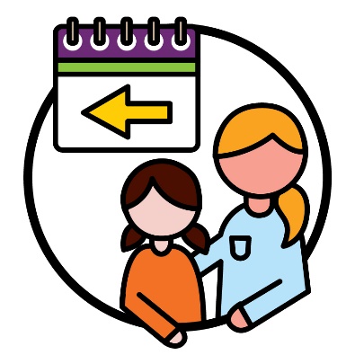 A person supporting a child. There is a calendar above them with an arrow pointing to the left.