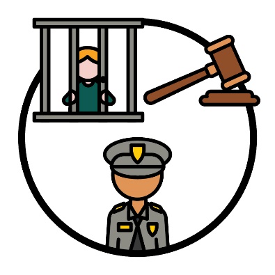 4 icons. A person in jail, a gavel, a police officer and a legal document.