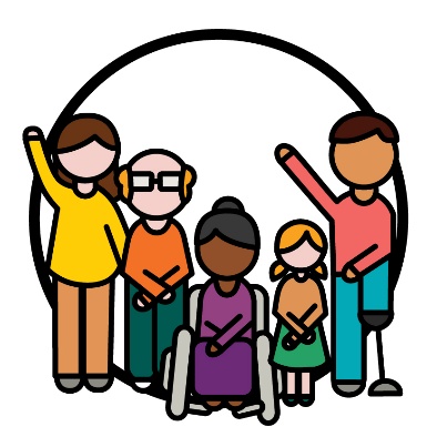 A diverse group of people with disability. 2 of the people are raising their hands.