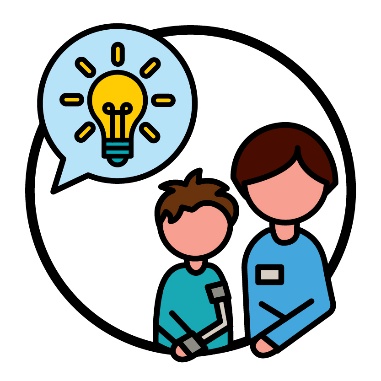 A speech bubble with a lightbulb. Below is a person supporting a child with disability.