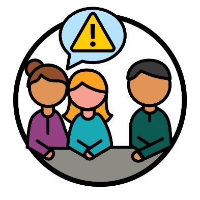 2 people meeting with a Reference Group member. Above them is a speech bubble with a problem icon in it.