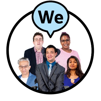 5 people below a speech bubble that has 'We' written in it. 