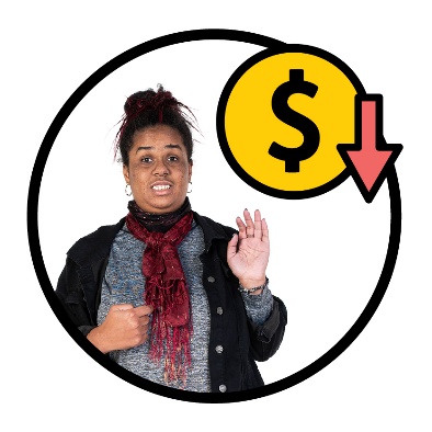 A person pointing to themself looking worried. Above is a money icon next to a down arrow.