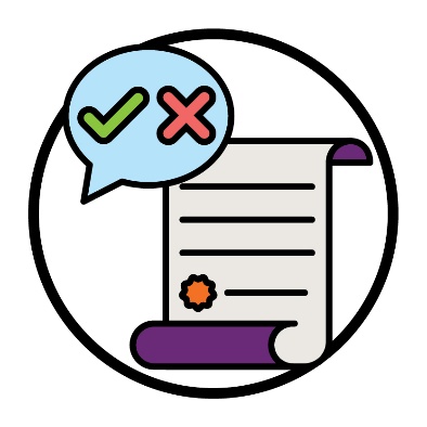A speech bubble with a tick and cross above a legal document.