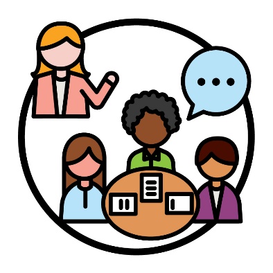 3 people in a meeting, one has a speech bubble. Another person stands separately and has their arm raised.