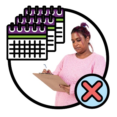 A stack of calendars above a person writing on a clipboard. Below is a cross.